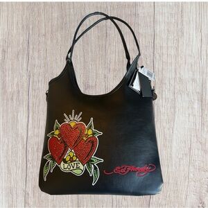 Ed Hardy Black Shoulder Bag with Red and Green Design